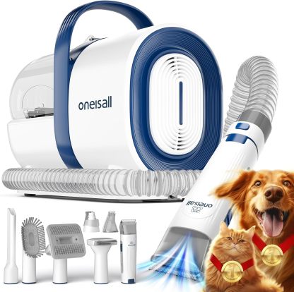 oneisall - Kit de aspiradora y aseo de perros, aspiradora de aseo de mascotas con picadora de uñas, 1.5 l para polvo de 1.5 l con 7 herramientas de aseo de mascotas para perder el pelo de mascotas, limpieza del hogar (gris) (Gris)