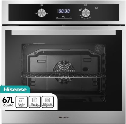Hisense Horno de gas empotrable 67L, parrilla de gas, flujo de aire múltiple, temperatura precisa, puerta extraíble de fácil limpieza, temporizador, HGO602BS