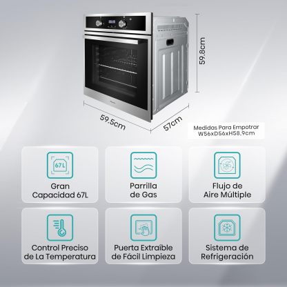 Hisense Horno de gas empotrable 67L, parrilla de gas, flujo de aire múltiple, temperatura precisa, puerta extraíble de fácil limpieza, temporizador, HGO602BS