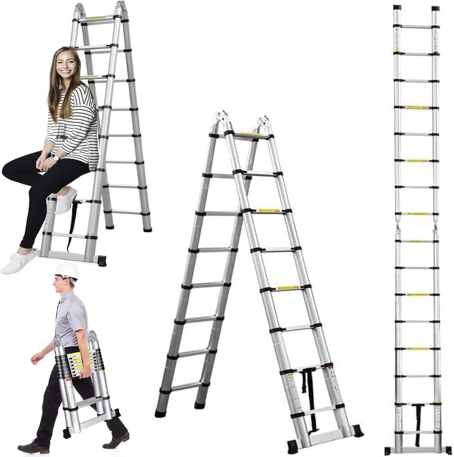 Bowoshen Escalera Telescópica De 6.2 Metros Escalera De Aluminio Segura Y Protegida Antideslizante Multiusos Escalera Extensible 20.5 Pies, 330 Libras Capacidad
