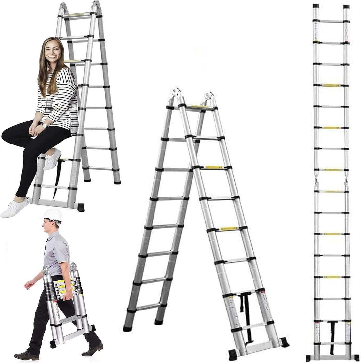Bowoshen Escalera Telescópica De 6.2 Metros Escalera De Aluminio Segura Y Protegida Antideslizante Multiusos Escalera Extensible 20.5 Pies, 330 Libras Capacidad