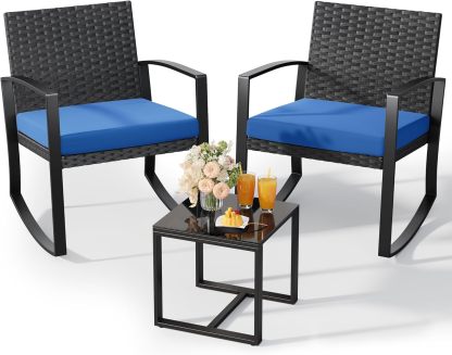 Qsun Juego de muebles de patio de 3 piezas, juego de bistró mecedor, juego de muebles de patio al aire última intervensión con mesa de centro para jardín, balcón, patio trasero, piscina (cojín negro)