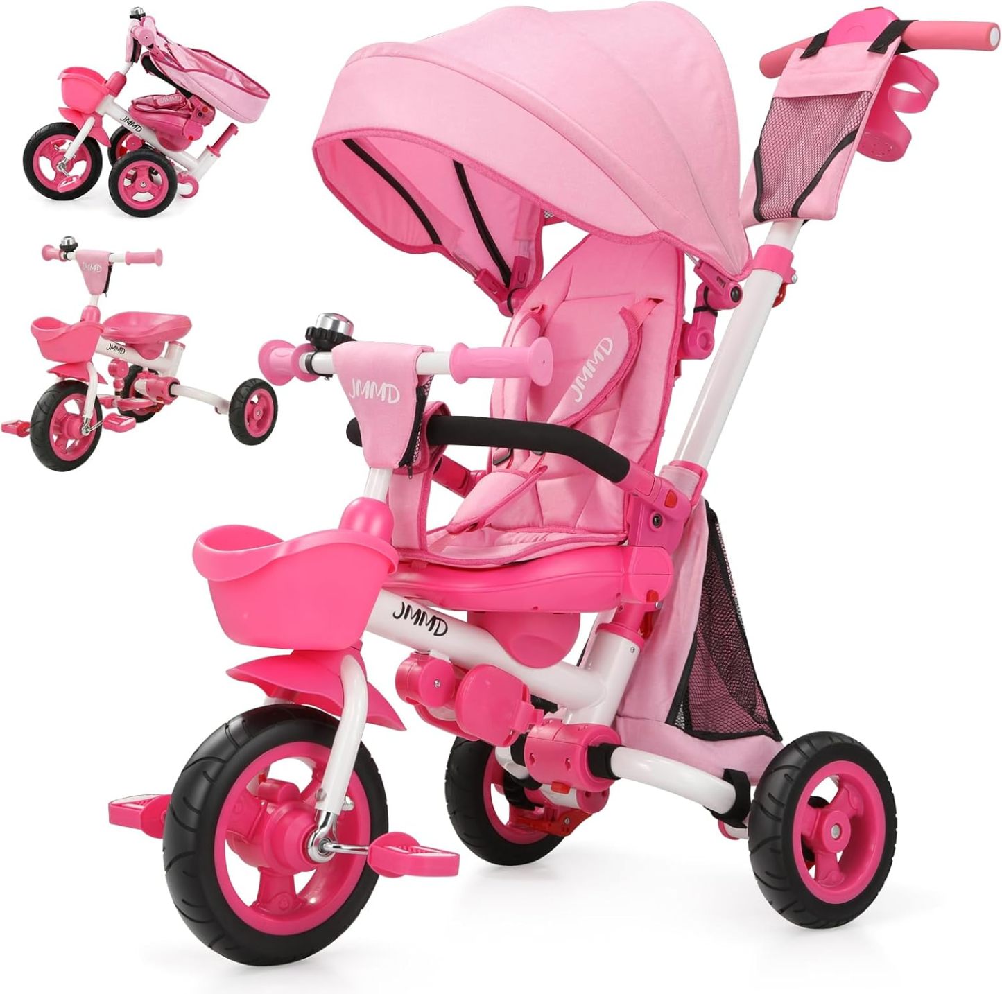 👨‍👩‍👧☀️JMMD Triciclo para bebé, 7 en 1 plegable para niños con mango ajustable para padres, arnés de seguridad y frenos de rueda, toldo extraíble, almacenamiento, carriola de bebé, regalo para niños pequeños de 18 meses a 5 años (verde)