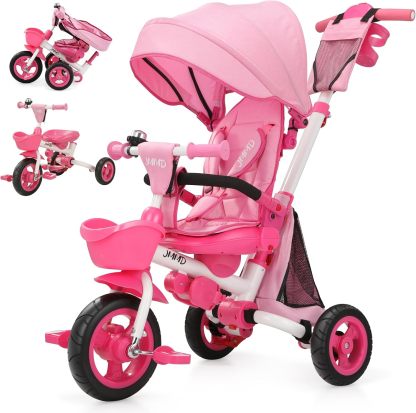 👨‍👩‍👧☀️JMMD Triciclo para bebé, 7 en 1 plegable para niños con mango ajustable para padres, arnés de seguridad y frenos de rueda, toldo extraíble, almacenamiento, carriola de bebé, regalo para niños pequeños de 18 meses a 5 años (verde)