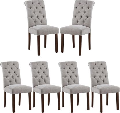 COLAMY - Juego de 6 sillas de Comedor con Botones y tapizadas, con Patas de Madera Maciza y Asiento Acolchado para Comedor, Cocina, Color Gris