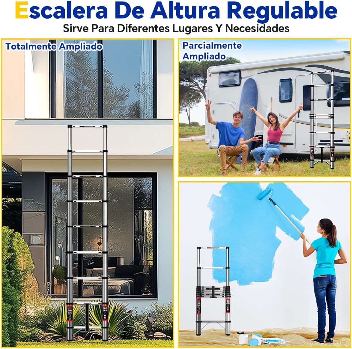 Bowoshen Escalera Telescópica De 6.2 Metros Escalera De Aluminio Segura Y Protegida Antideslizante Multiusos Escalera Extensible 20.5 Pies, 330 Libras Capacidad