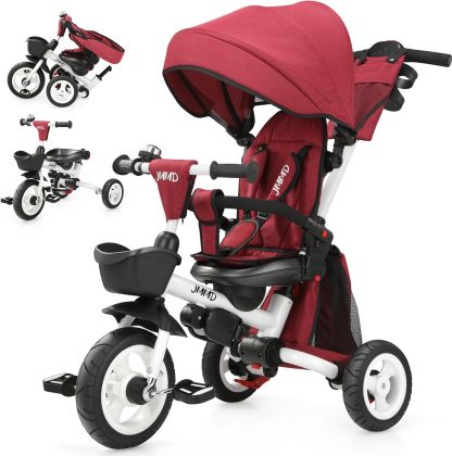 👨‍👩‍👧☀️JMMD Triciclo para bebé, 7 en 1 plegable para niños con mango ajustable para padres, arnés de seguridad y frenos de rueda, toldo extraíble, almacenamiento, carriola de bebé, regalo para niños pequeños de 18 meses a 5 años (verde)
