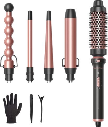 5 en 1 Ceramic Curling Wand, Rizador de Pelo de calentamiento rápido de 1/2 a 1 1/2 pulgadas y Cepillo Térmico, Rizadora para Cabello de Doble Voltaje, Oro Rosa