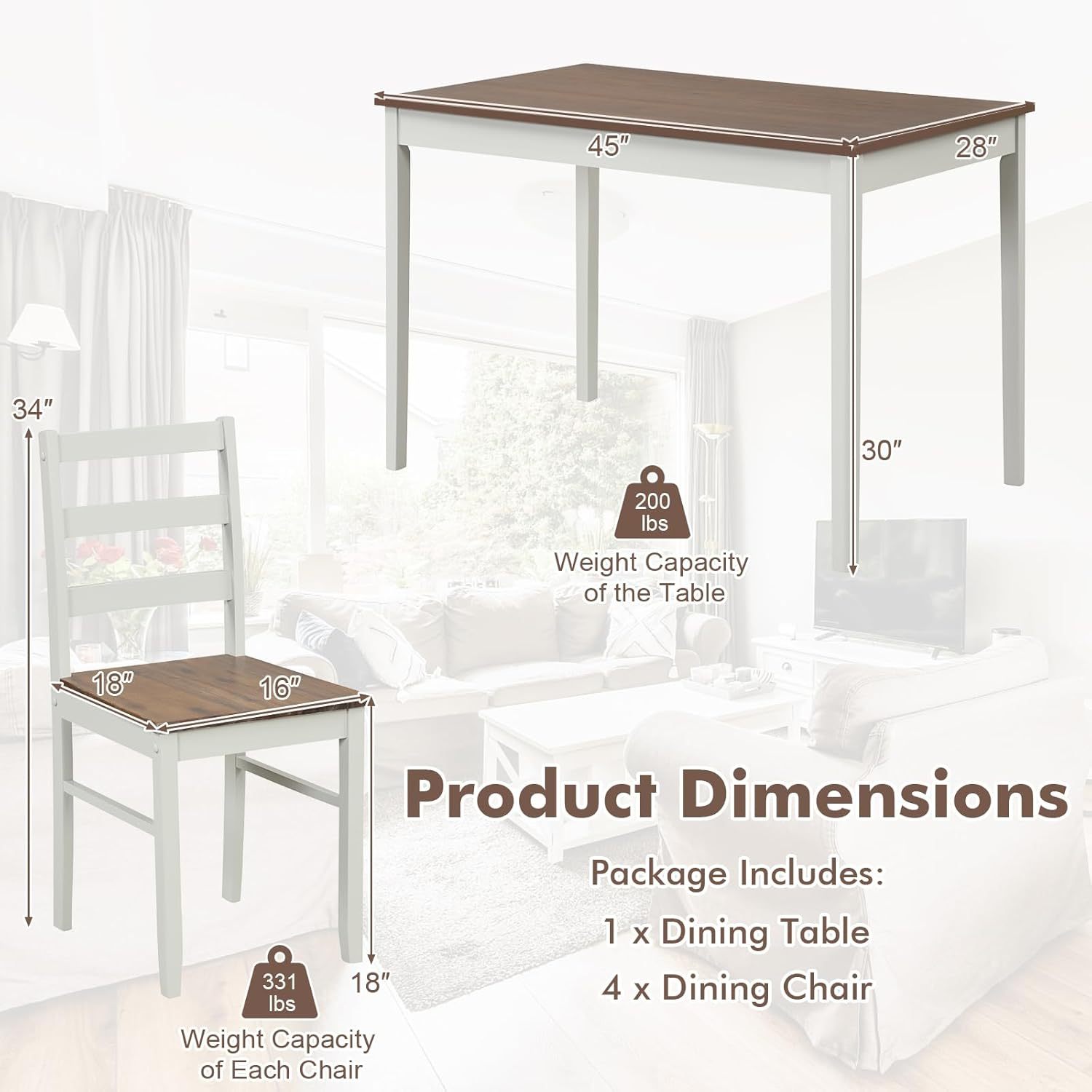 Giantex - Juego de mesa de comedor para 4, mesa rectangular de madera maciza y 4 sillas, juego de comedor de 5 piezas con patas de madera de goma, muebles de cocina que ahorran espacio para cocina,