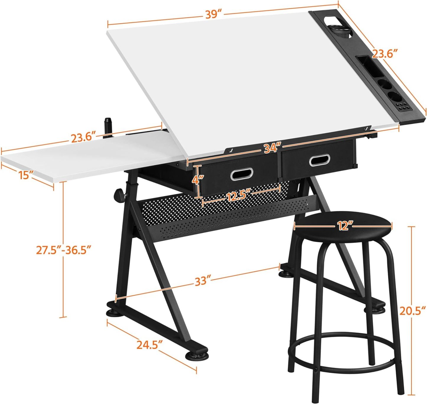 Yaheetech - computadora de arte blanco ajustable en altura para adultos, mesa inclinable de dibujo con computadora extragrande y cajones, juego de mesa y silla plegable para manualidades con taburetes