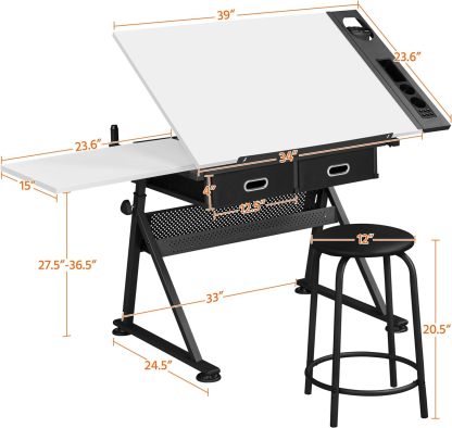 Yaheetech - computadora de arte blanco ajustable en altura para adultos, mesa inclinable de dibujo con computadora extragrande y cajones, juego de mesa y silla plegable para manualidades con taburetes