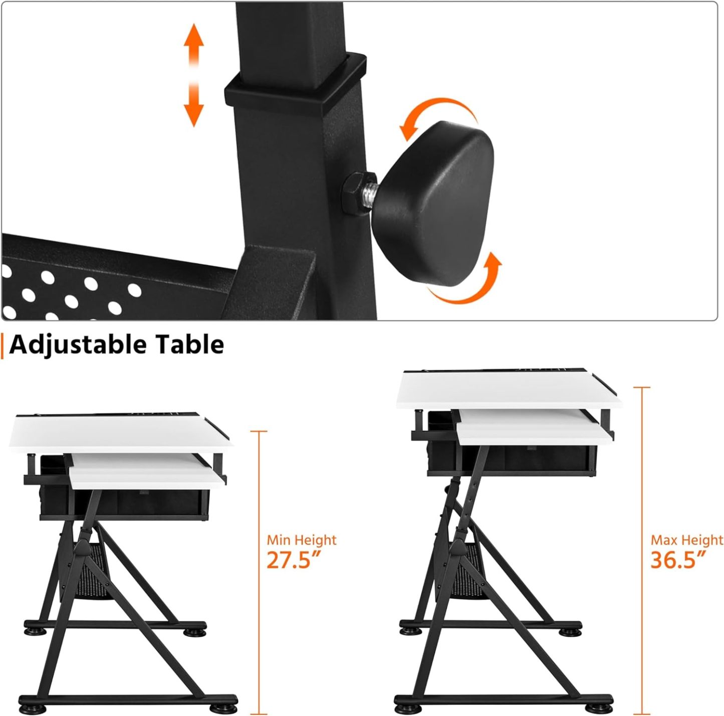 Yaheetech - computadora de arte blanco ajustable en altura para adultos, mesa inclinable de dibujo con computadora extragrande y cajones, juego de mesa y silla plegable para manualidades con taburetes