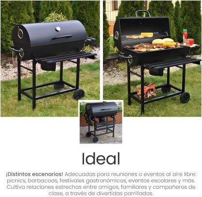 Raganet, Parrilla Asador de Carbón con Cenicero, Termómetro, Ruedas, Amplia Superficie de Cocción y Material Resistente, Ideal para Jardín y Terraza
