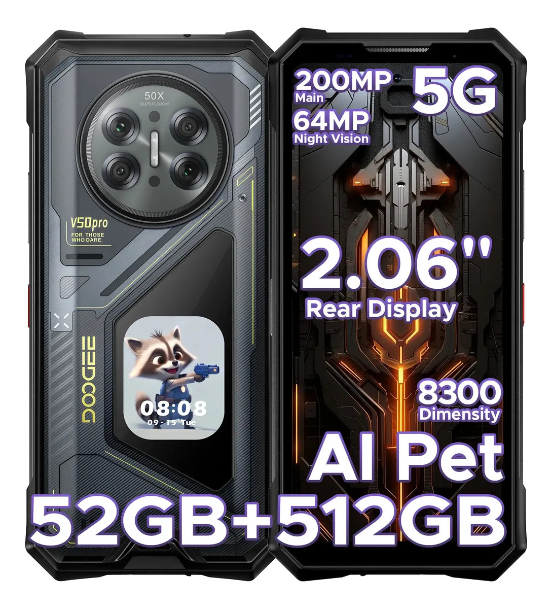 🛡️Doogee V50 Pro Celular Resistente 5G, Android16, RAM ampliable hasta 52GB + 512GB, Cámara AI 200MP, Batería 11000mAh, Pantalla Trasera AMOLED 2.06", IP68, NFC, Radio Walkie-talkie, Doble SIM