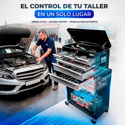 Hantec - Combo Caja de Herramientas y Estante Móvil - 9 Cajones Deslizables, Metal Reforzado con Ruedas y Cerradura - Color Gris