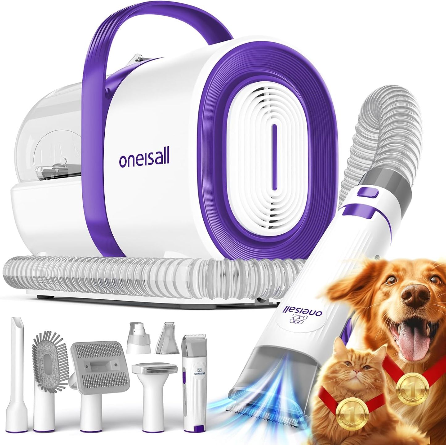 oneisall - Kit de aspiradora y aseo de perros, aspiradora de aseo de mascotas con picadora de uñas, 1.5 l para polvo de 1.5 l con 7 herramientas de aseo de mascotas para perder el pelo de mascotas, limpieza del hogar (gris) (Gris)