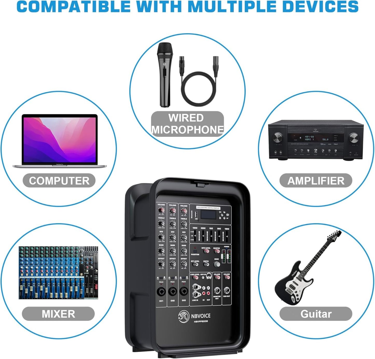 Sistema de PA de 2 vías integrado profesional portátil todo en uno, configuración fija, diseño de veliz con mezclador de 8 canales, 2 soportes de altavoces, Bluetooth, micrófono para