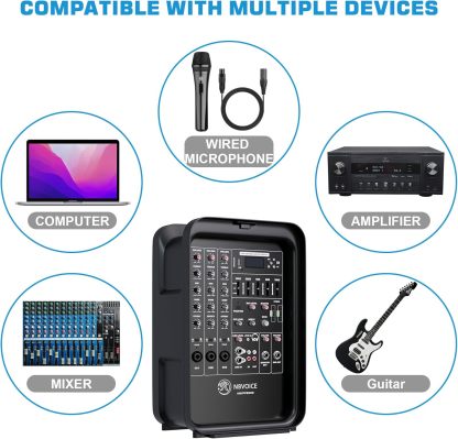 Sistema de PA de 2 vías integrado profesional portátil todo en uno, configuración fija, diseño de veliz con mezclador de 8 canales, 2 soportes de altavoces, Bluetooth, micrófono para