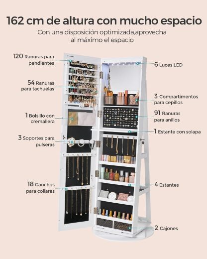 ✨ Espejo de Cuerpo Entero con Armario Joyero Giratorio 360° | Luz LED de 3 Colores | Organizador con Cerradura | Almacenamiento Multifuncional para Dormitorio 💎