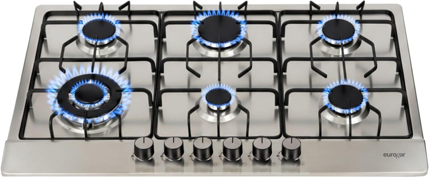 EUROGAR Parrilla de Gas Empotrable 5 Quemadores, Acero inoxidable 76 cm, Uso para LP o Natural, Encendido Electrónico, Soportes de Hierro Fundido | EU5AI