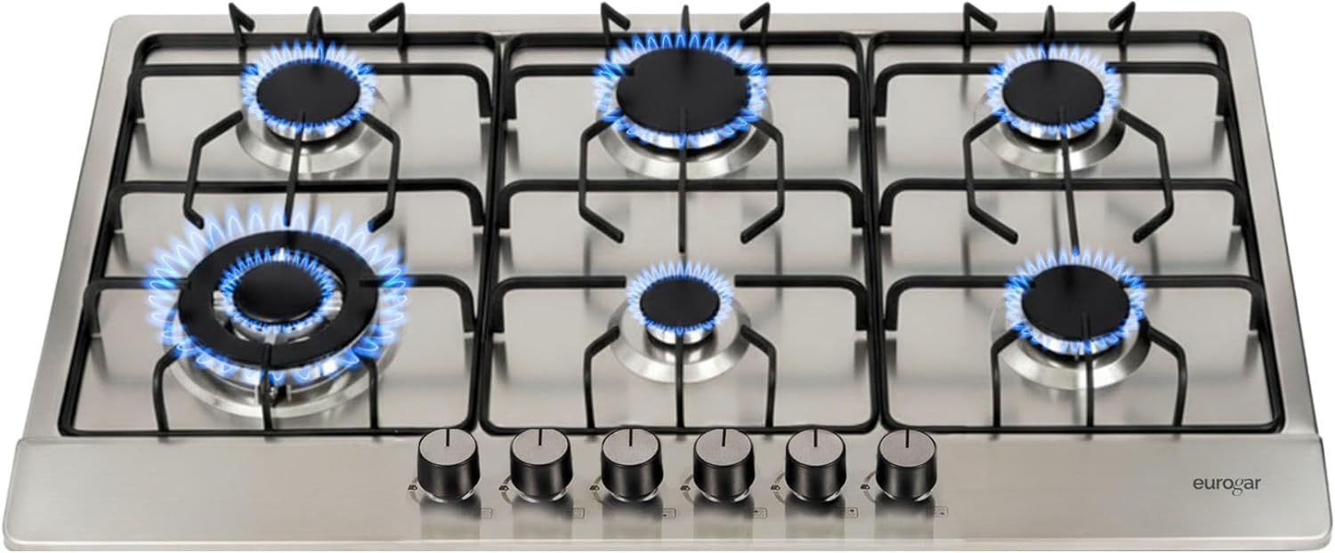 EUROGAR Parrilla de Gas Empotrable 5 Quemadores, Acero inoxidable 76 cm, Uso para LP o Natural, Encendido Electrónico, Soportes de Hierro Fundido | EU5AI