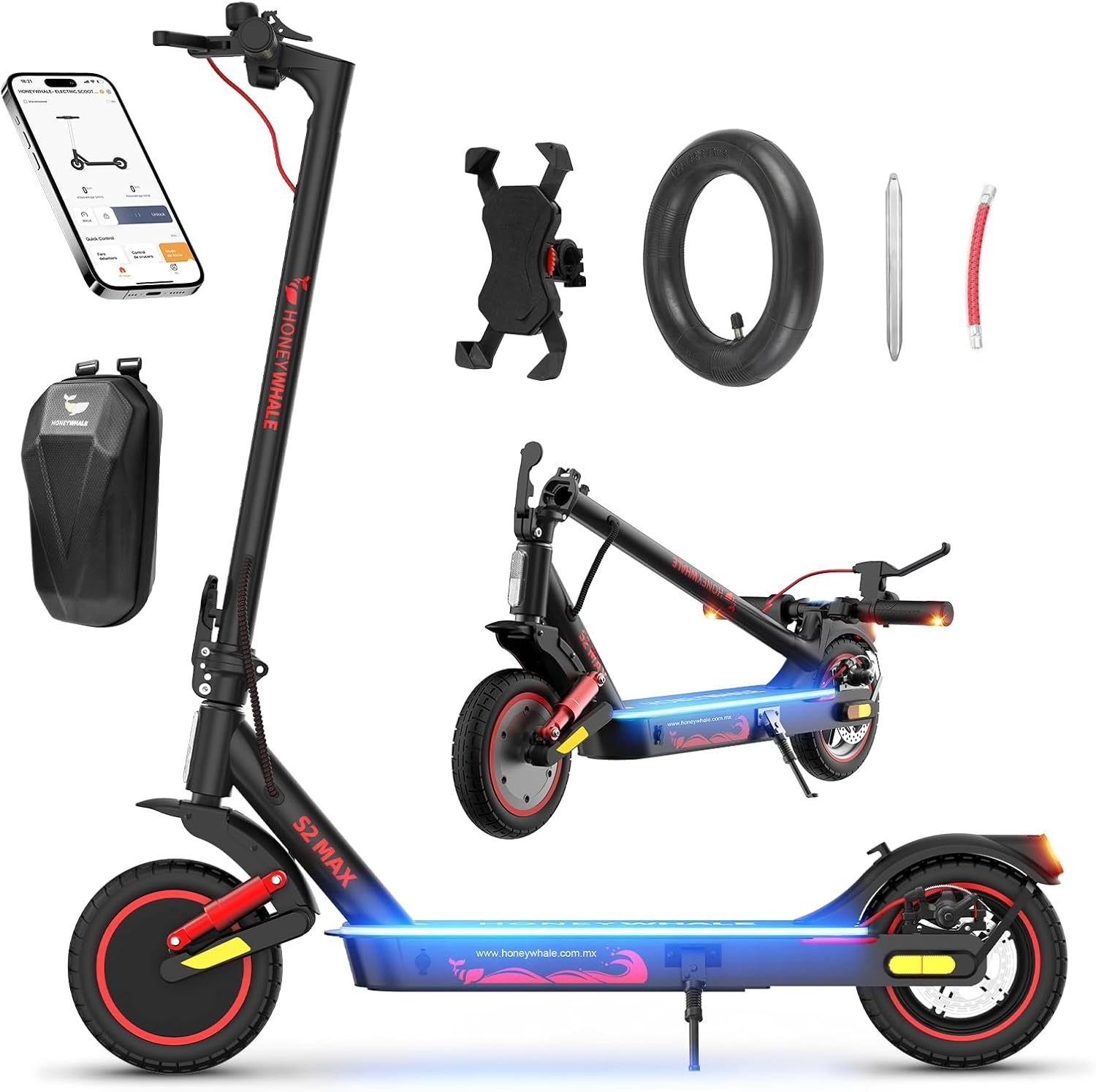 🛴HONEYWHALE M1 MAX/S2 MAX Scooter Eléctrico 500W-32KM/H-22KM Patin Electrico | ⚡🔋Diseño Plegable, Doble Suspensión, Neumáticos Inflables de 10", APP Bluetooth, Doble Freno e Intermitentes, Más Comodidad