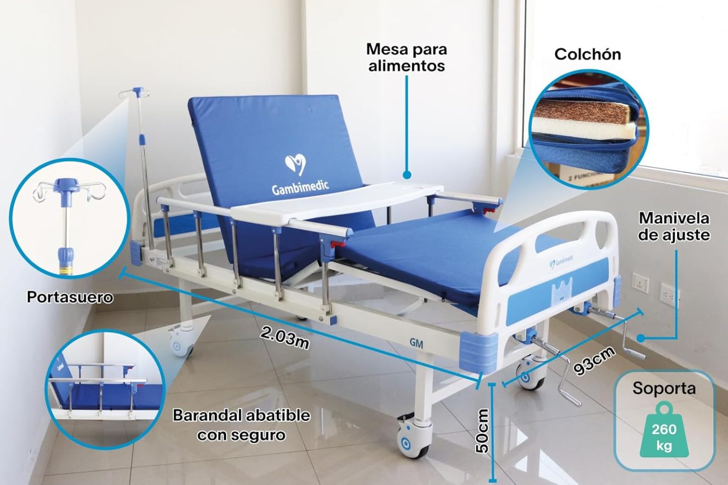 Gambimedic Cama Hospitalaria Manual Dos Manivelas Incluye Colchon Mesa Barandal Y Portasuero Cama De Hospital Reclinable para Casa Y Pacientes