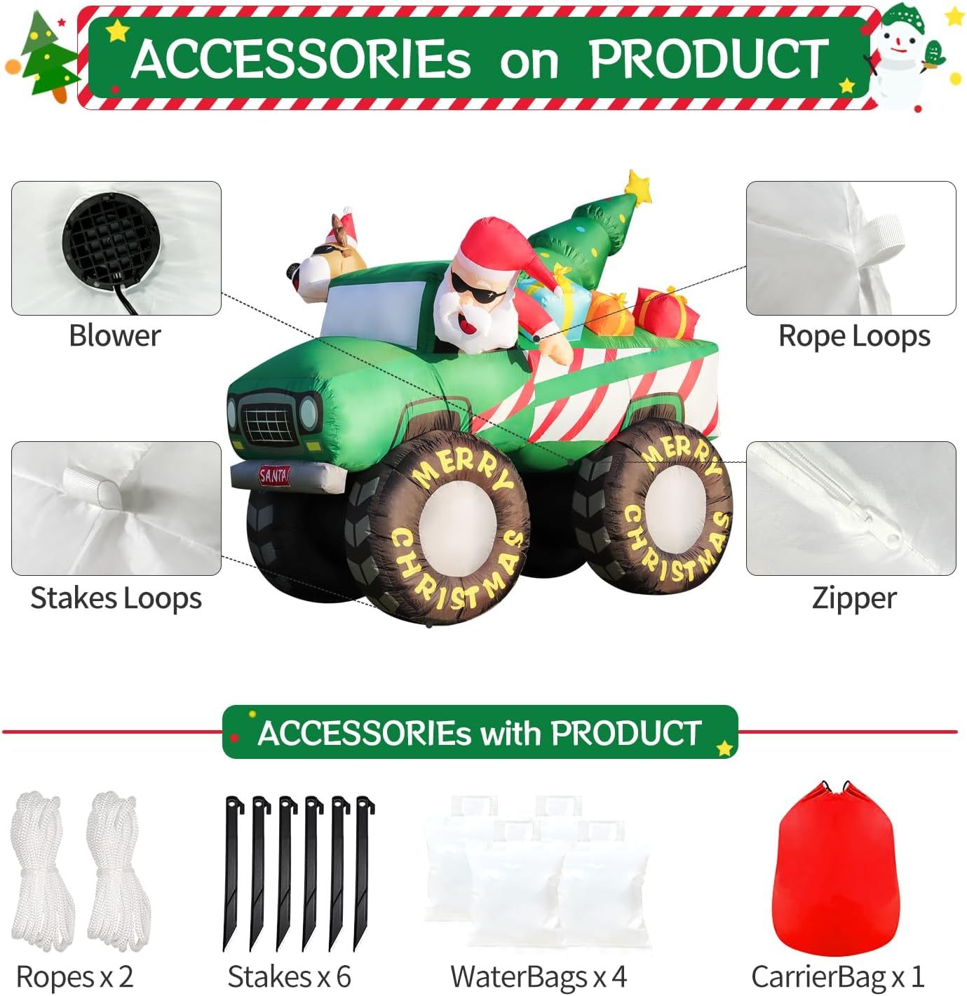 DomKom - Inflable de Navidad 2.1m, Santa Claus y Reno conduciendo Monster Truck, decoración Gigante para jardín con Luces LED integradas, Ideal para Fiestas al Aire Libre