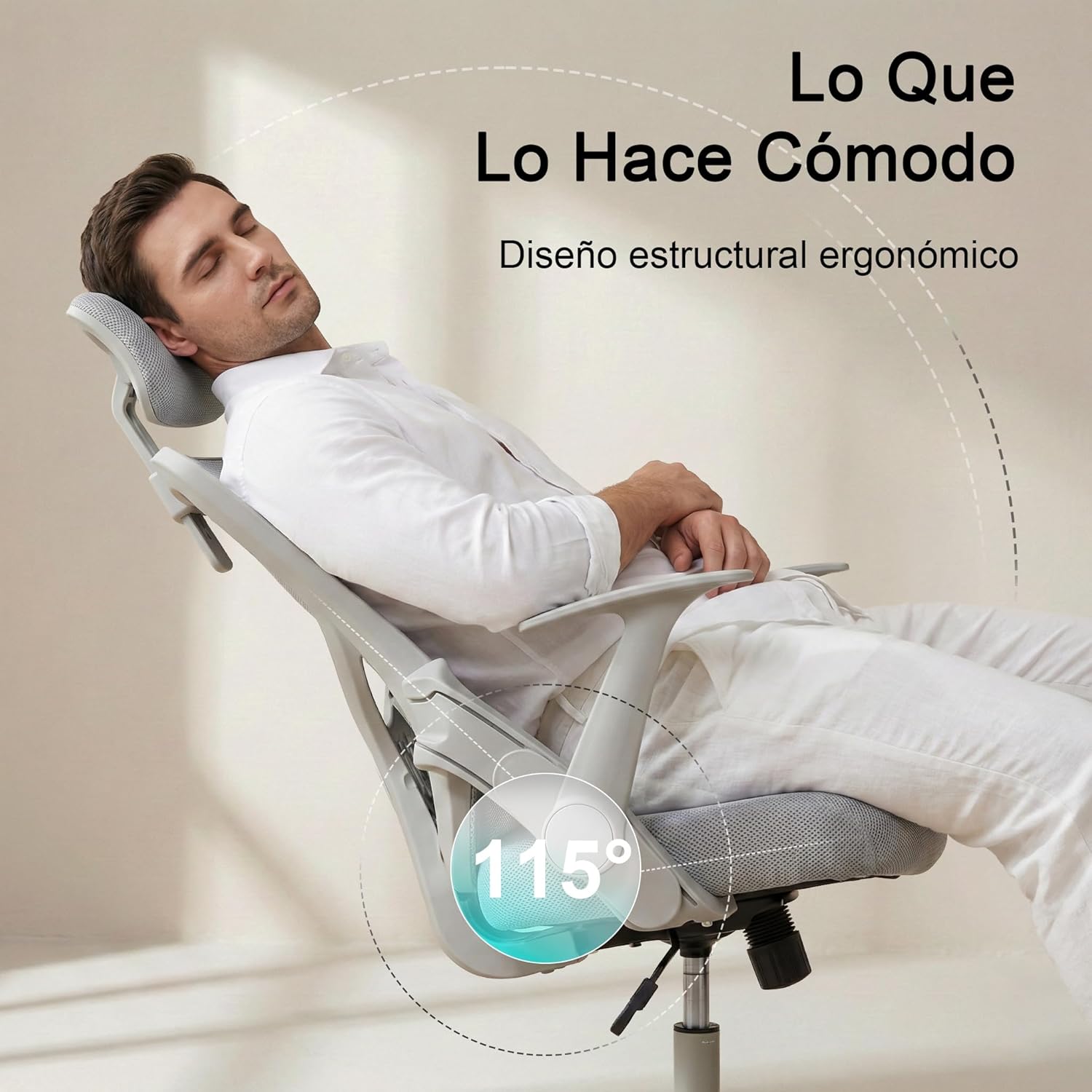 FurnitureR Silla Oficina Ergonómica con Reposacabezas, Silla Escritorio Malla Resistente con Soporte Lumbar, Silla Computadora con Base Metal, Asiento y Reposacabezas Ajustables Gris