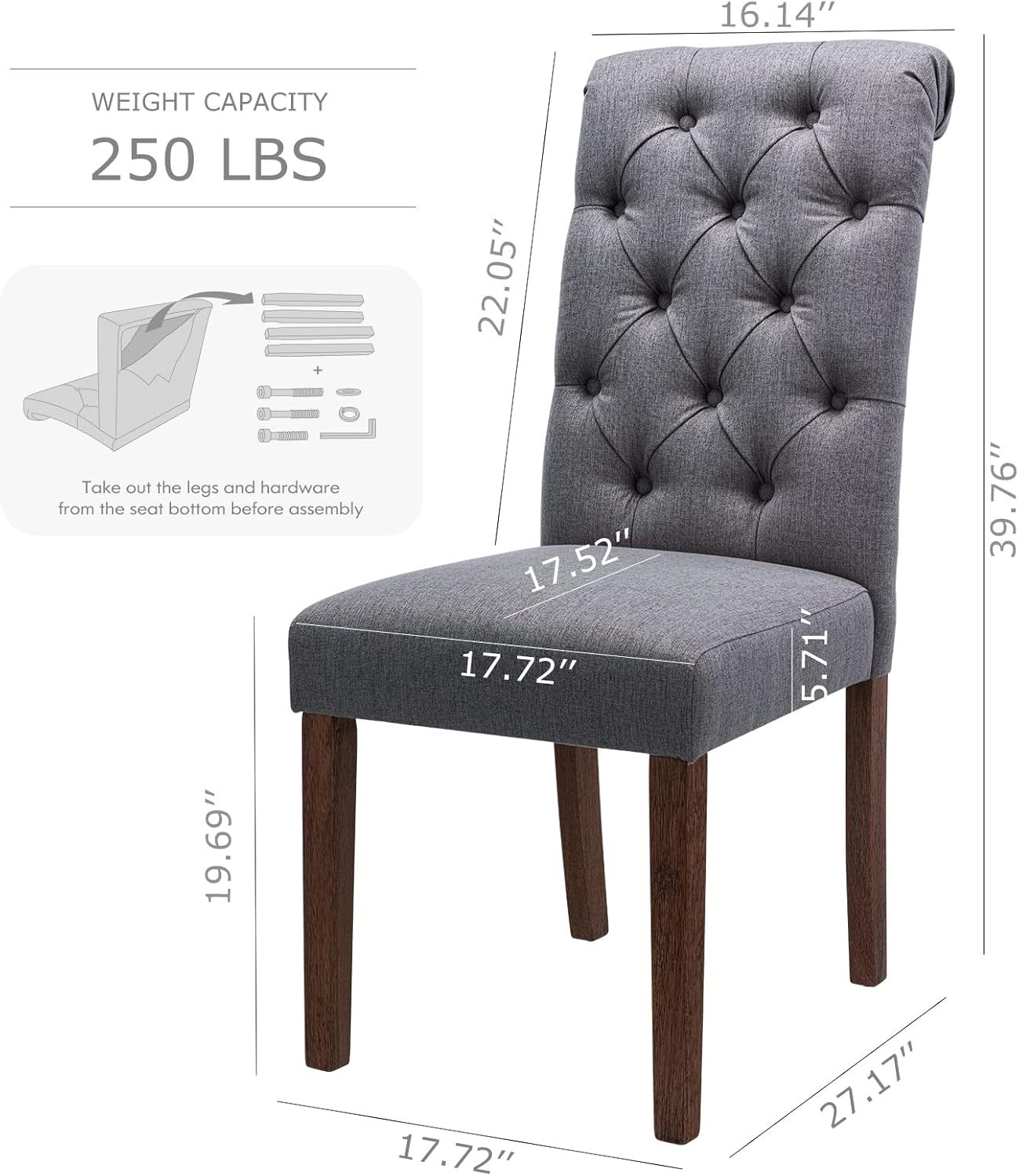 COLAMY - Juego de 6 sillas de Comedor con Botones y tapizadas, con Patas de Madera Maciza y Asiento Acolchado para Comedor, Cocina, Color Gris