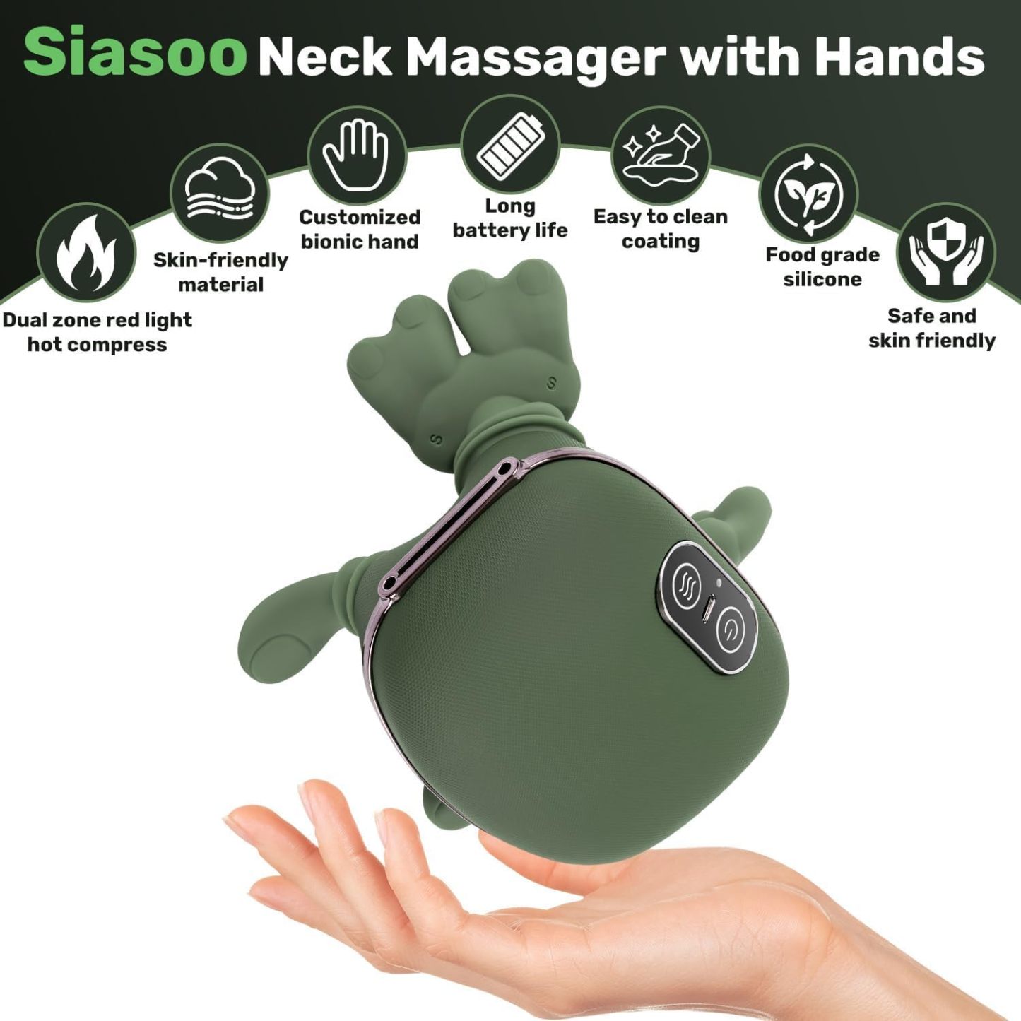 TREEFIA Siasoo - Masajeador de cuello - Bionic - Masajeador con calefacción inalámbrica, masajeador de cuello y espalda, tejido profundo eléctrico 4D, diseño de mano humana simulada