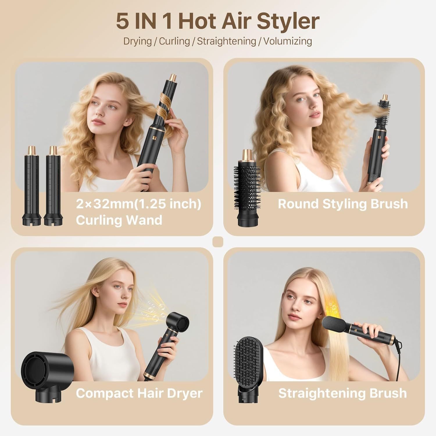 Cepillo Soplador de Pelo 5 en 1|Kit Secador de Pelo con Peine de Aire Caliente|Rizador de Pelo Desmontable Cepillo Alisador Pelo|Multifunción|3 Temperatura Ajustable para Rizar Voluminizar y Alisar