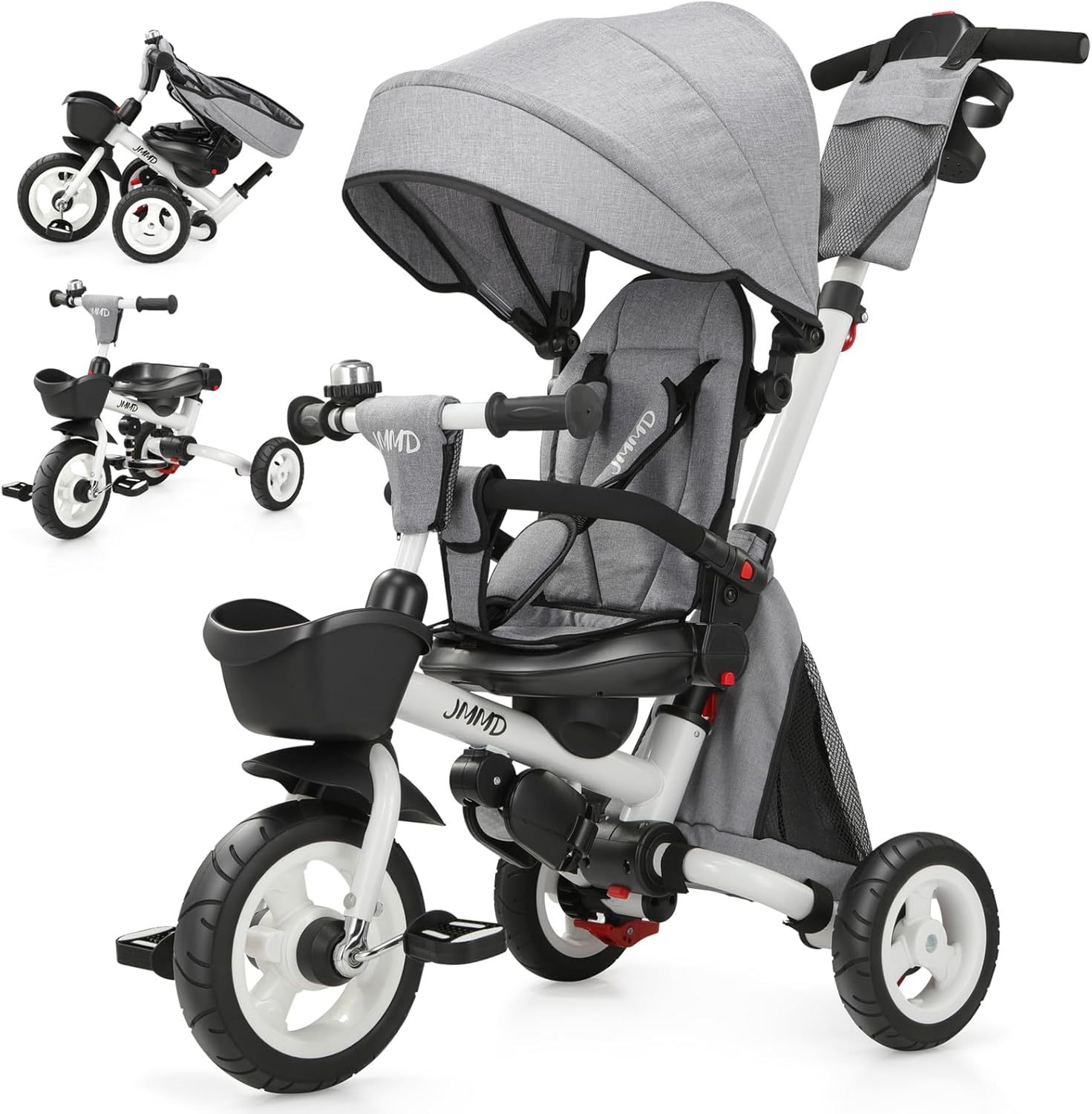 👨‍👩‍👧☀️JMMD Triciclo para bebé, 7 en 1 plegable para niños con mango ajustable para padres, arnés de seguridad y frenos de rueda, toldo extraíble, almacenamiento, carriola de bebé, regalo para niños pequeños de 18 meses a 5 años (verde)