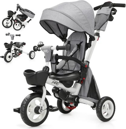 👨‍👩‍👧☀️JMMD Triciclo para bebé, 7 en 1 plegable para niños con mango ajustable para padres, arnés de seguridad y frenos de rueda, toldo extraíble, almacenamiento, carriola de bebé, regalo para niños pequeños de 18 meses a 5 años (verde)