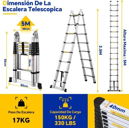Bowoshen Escalera Telescópica De 6.2 Metros Escalera De Aluminio Segura Y Protegida Antideslizante Multiusos Escalera Extensible 20.5 Pies, 330 Libras Capacidad