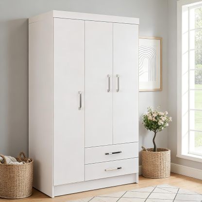 TRIUMPHKEY Ropero Closet Madera para Recamara Armarios para Ropa con 2 Cajones Closet con 3 Puertas Minimalista Muebles para Sala De Estar 90x46x180CM (Blanco)