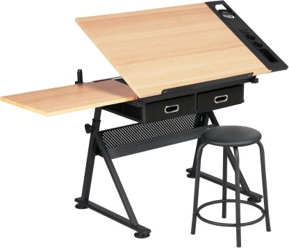 Yaheetech - computadora de arte blanco ajustable en altura para adultos, mesa inclinable de dibujo con computadora extragrande y cajones, juego de mesa y silla plegable para manualidades con taburetes