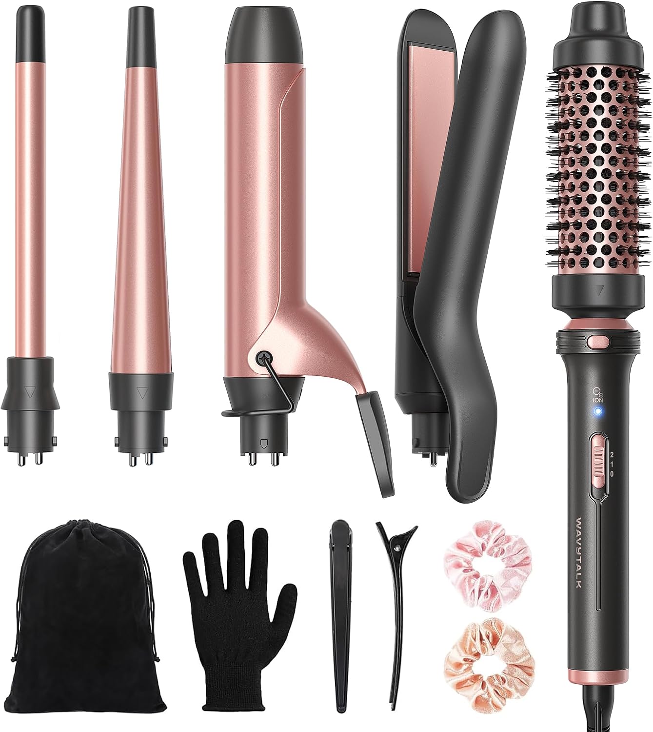 5 en 1 Ceramic Curling Wand, Rizador de Pelo de calentamiento rápido de 1/2 a 1 1/2 pulgadas y Cepillo Térmico, Rizadora para Cabello de Doble Voltaje, Oro Rosa