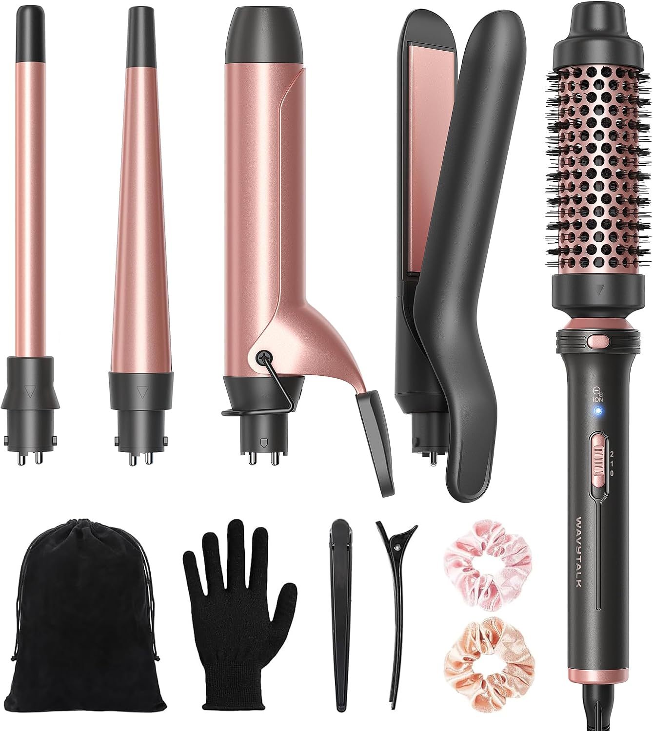 5 en 1 Ceramic Curling Wand, Rizador de Pelo de calentamiento rápido de 1/2 a 1 1/2 pulgadas y Cepillo Térmico, Rizadora para Cabello de Doble Voltaje, Oro Rosa