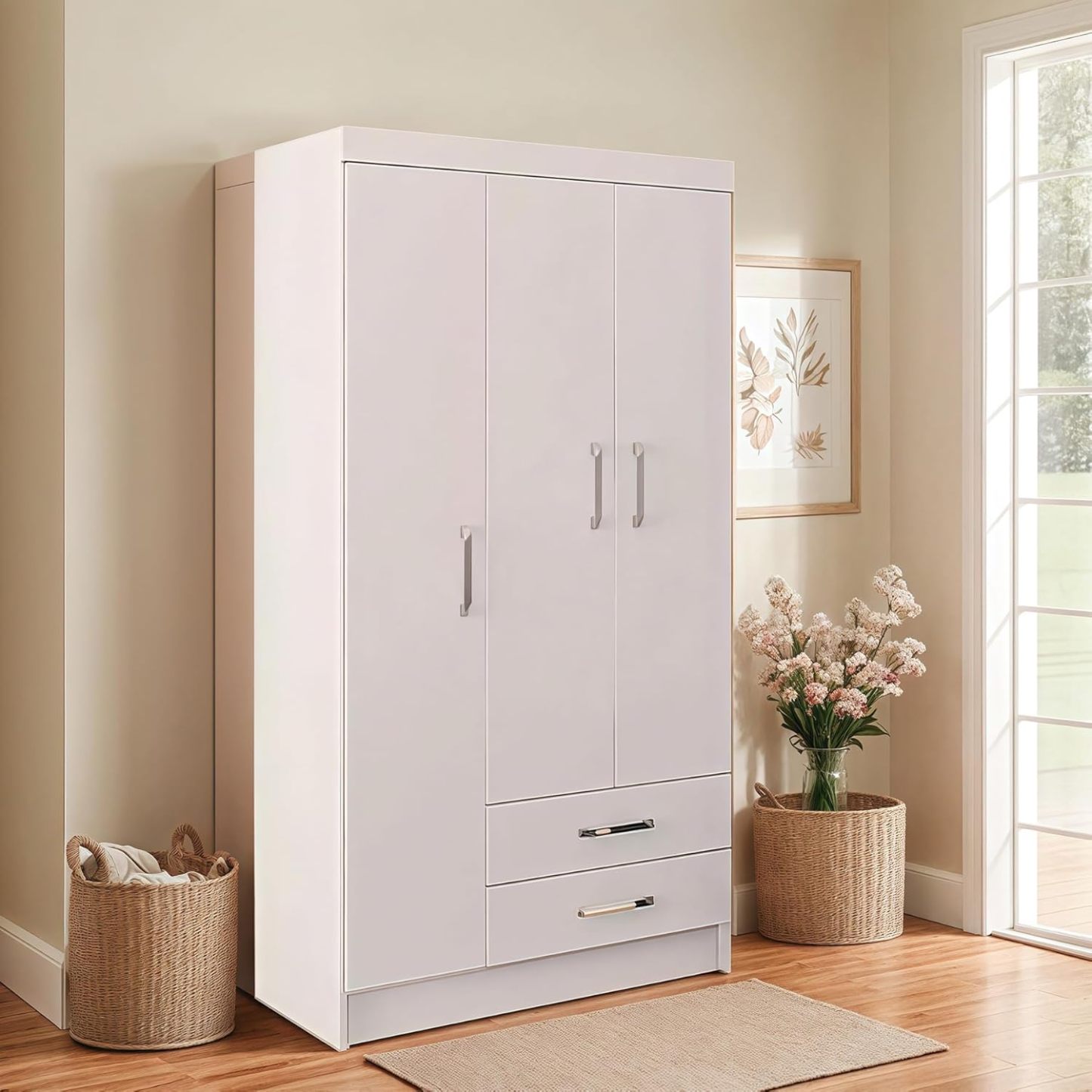TRIUMPHKEY Ropero Closet Madera para Recamara Armarios para Ropa con 2 Cajones Closet con 3 Puertas Minimalista Muebles para Sala De Estar 90x46x180CM (Blanco)