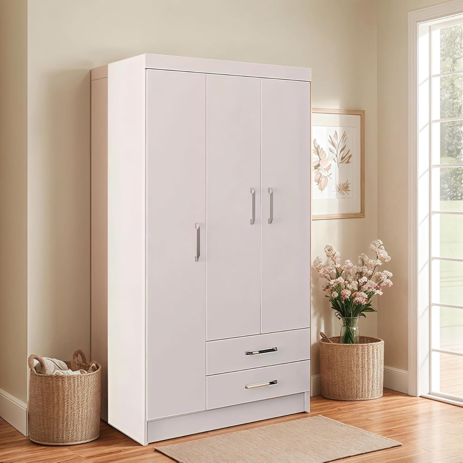 TRIUMPHKEY Ropero Closet Madera para Recamara Armarios para Ropa con 2 Cajones Closet con 3 Puertas Minimalista Muebles para Sala De Estar 90x46x180CM (Blanco)