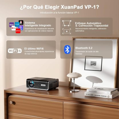 【AI Auto Focus & Keystone】 Proyector 4K Soporte, XuanPad Proyector Bluetooth WiFi6, 26000L 1080P Proyector Portatil Inteligente, Proyector para Cine en Casa con trípode para iOS/Android/TV Stick