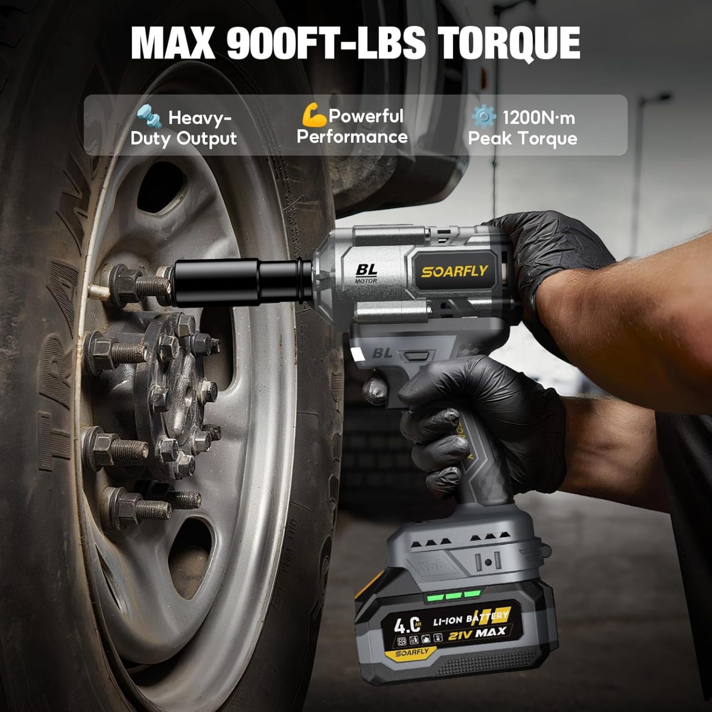 Llave de impacto inalámbrica mejorada de 1/2", 900 pies-libras (1200 Nm) sin escobillas, llave de impacto de alto par de 21 V con 2 baterías de 4.0Ah, velocidad variable para automóvil, camión