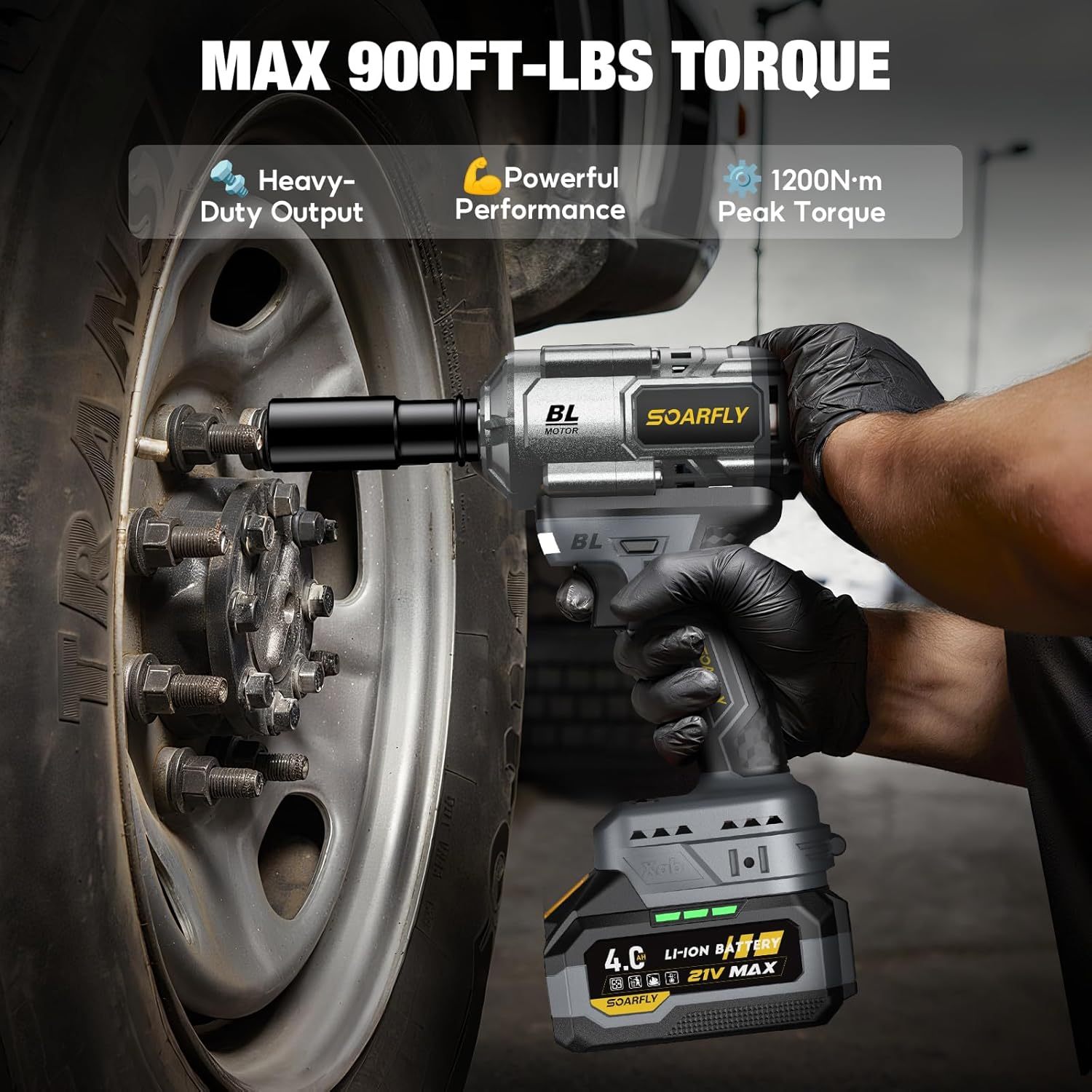 Llave de impacto inalámbrica mejorada de 1/2", 900 pies-libras (1200 Nm) sin escobillas, llave de impacto de alto par de 21 V con 2 baterías de 4.0Ah, velocidad variable para automóvil, camión