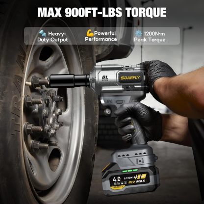 Llave de impacto inalámbrica mejorada de 1/2", 900 pies-libras (1200 Nm) sin escobillas, llave de impacto de alto par de 21 V con 2 baterías de 4.0Ah, velocidad variable para automóvil, camión
