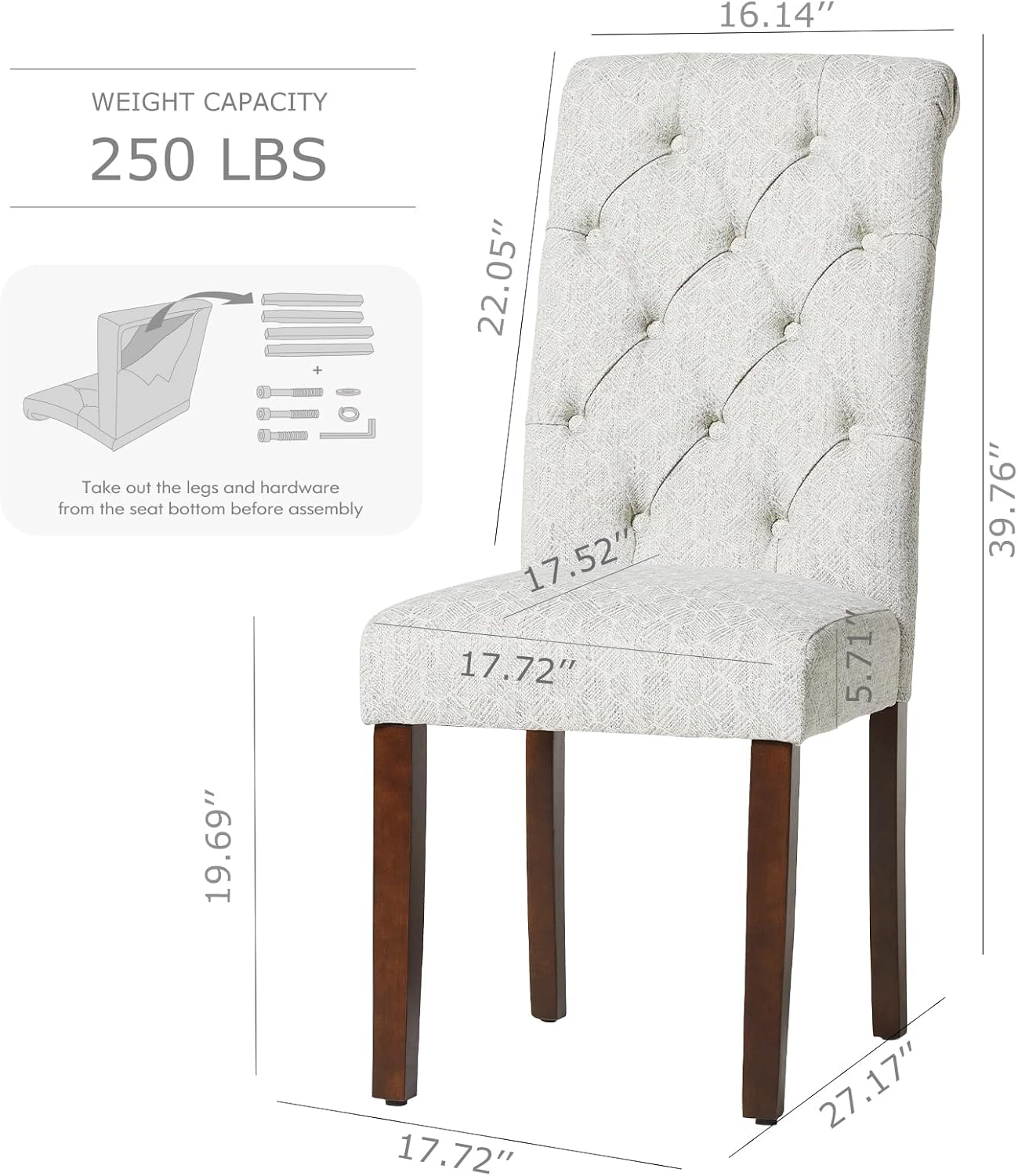 COLAMY - Juego de 6 sillas de Comedor con Botones y tapizadas, con Patas de Madera Maciza y Asiento Acolchado para Comedor, Cocina, Color Gris