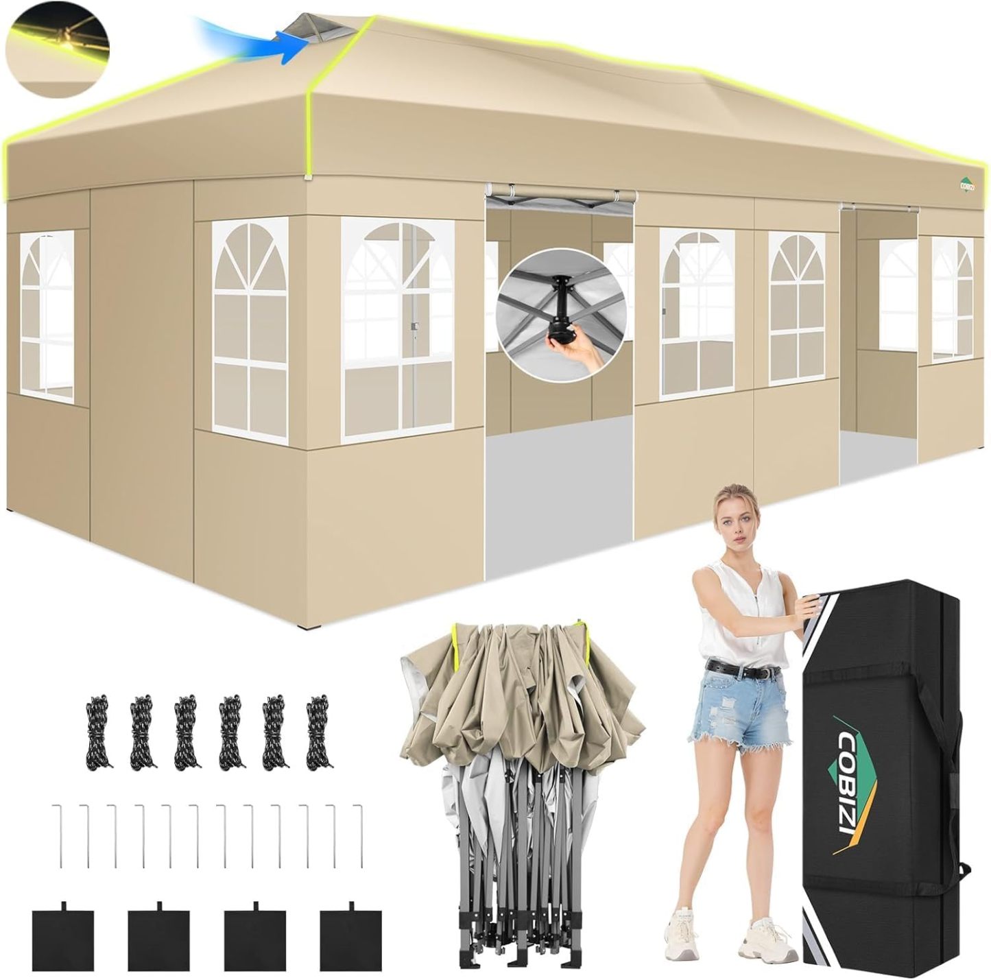 COBIZI - Tienda de campaña desplegable de 10 x 20 Pulgadas, Tienda de campaña instantánea Comercial para Bodas, Fiestas con 3 Altura Ajustable, toldo Ez Up para Exteriores, Impermeable, UPF50+ con