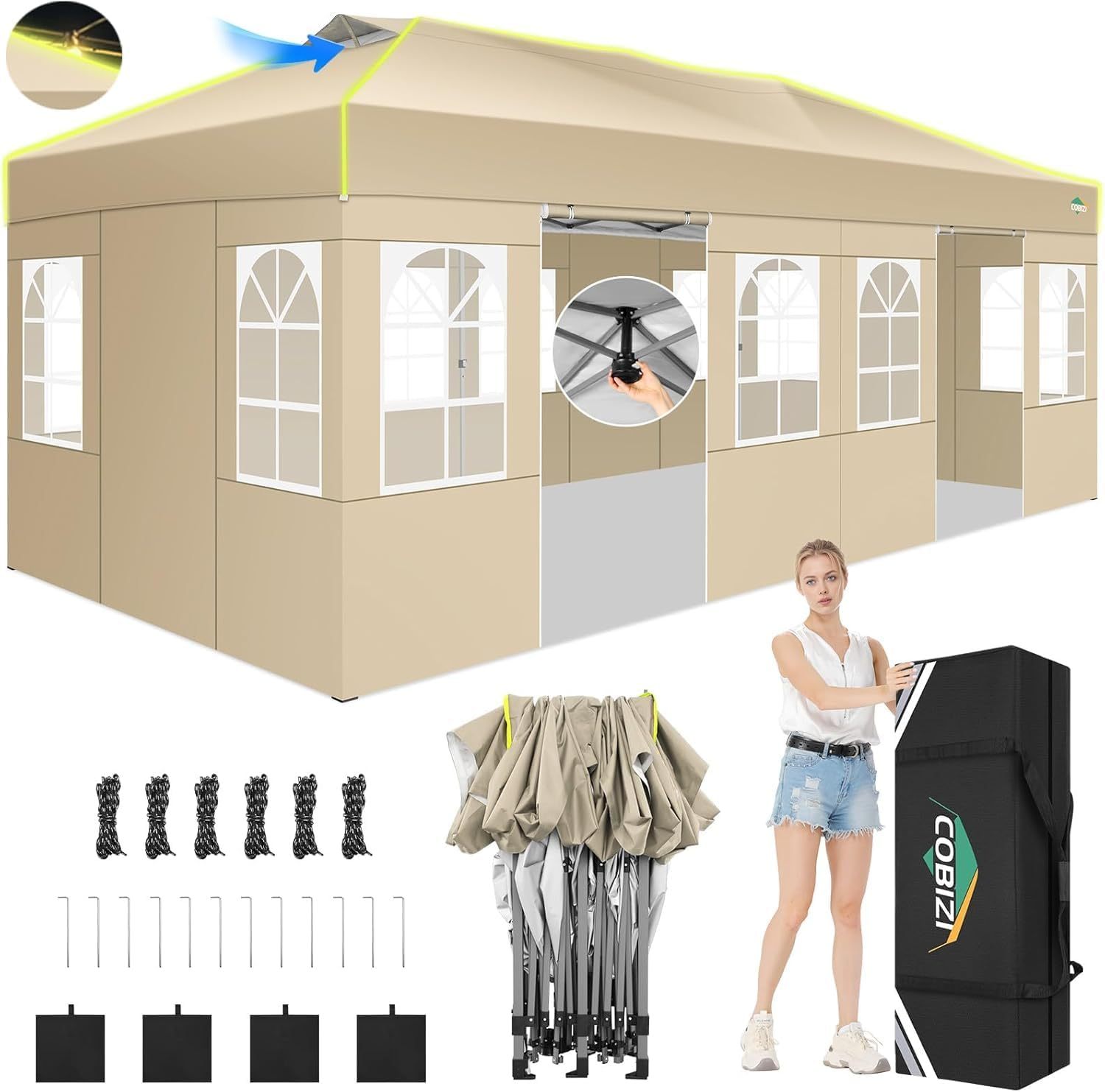 COBIZI - Tienda de campaña desplegable de 10 x 20 Pulgadas, Tienda de campaña instantánea Comercial para Bodas, Fiestas con 3 Altura Ajustable, toldo Ez Up para Exteriores, Impermeable, UPF50+ con