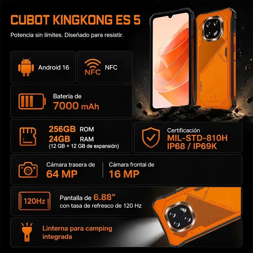 Celular Cubot Kingkong ES5 Robusto Dual Sim 128 Gb Amarillo 6 Gb Ram (ampliable Hasta 12 Gb) 7000mah Android 16 A