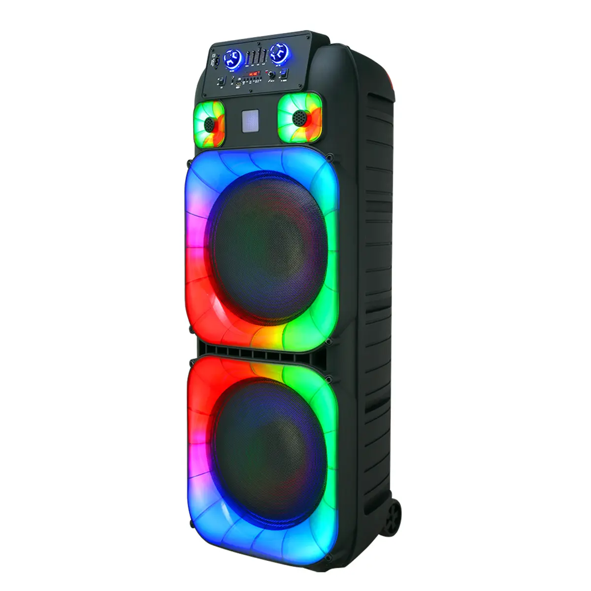 Sistema de altavoces PA portátil con Bluetooth, alta potencia, doble woofer de 15" y tweeter de 1.5"; inalámbrico y recargable, incluye dos micrófonos inalámbricos, control remoto, luces LED de fiesta multicolor y sonido estéreo (SoundBox DJ).